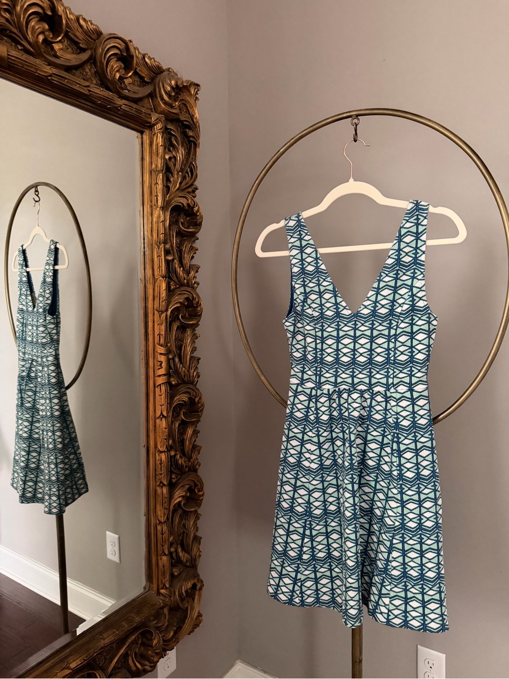Maeve Teal & Navy Patterned Fit and Flare Dress